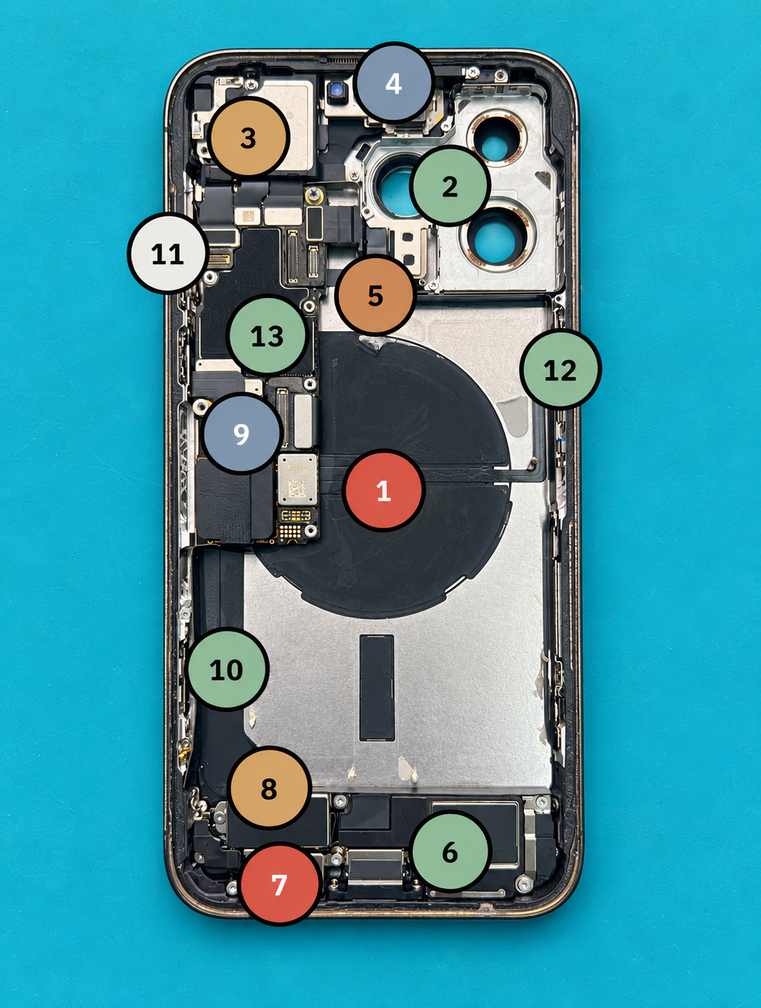 BenchMap example: an opened iPhone with 13 colored numbered markers identifying locations in a repair job.